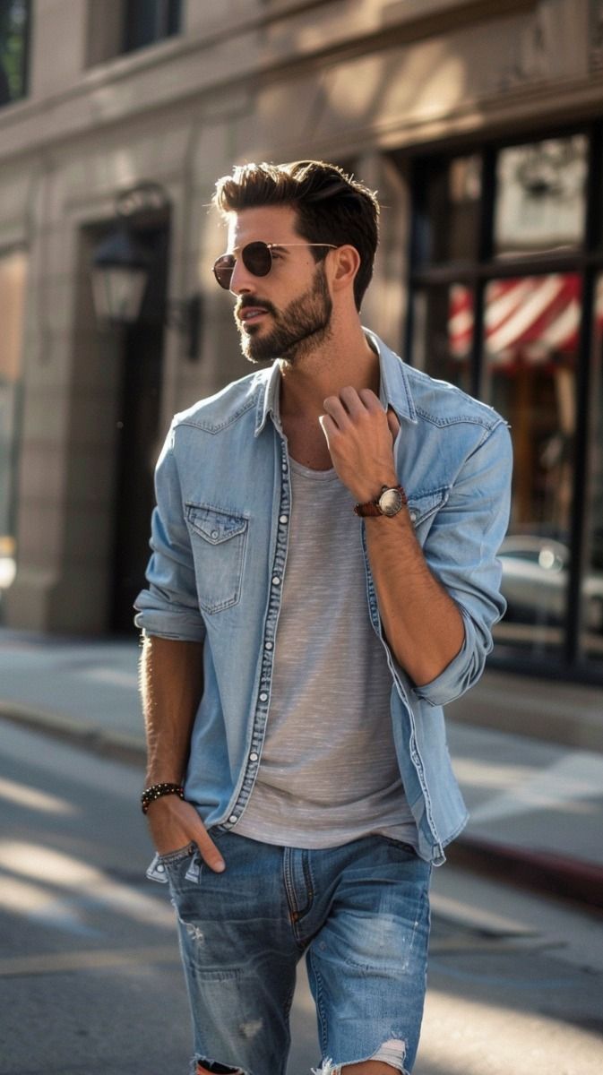 a model poses wearing a chambray shirt as an outerwear paired with a T-shirt underneath and jean shorts.
